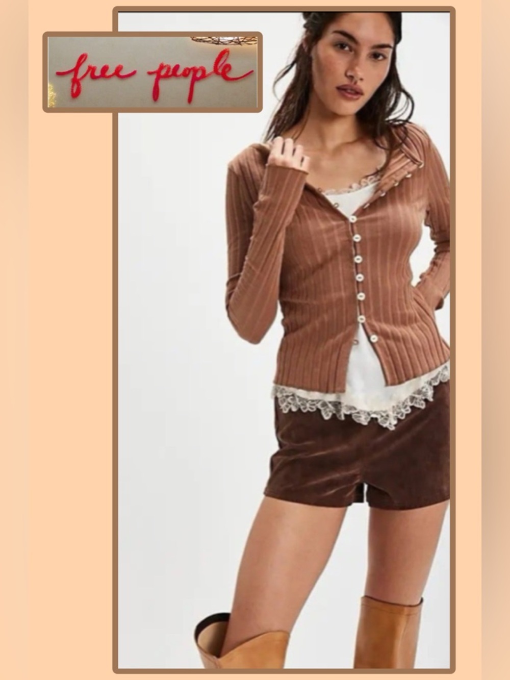 🆕 Free People Tilly Long-Sleeve Cardi Top Knit Ribbed Buttondown Medium Brown